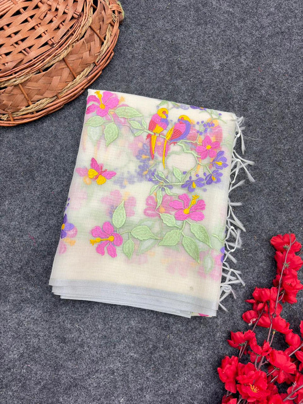 White Pure Kota Doriya Saree with Silver Zari Border & Heavy Embroidery