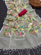 Green Pure Kota Doriya Saree with Silver Zari Border & Heavy Embroidery