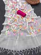 White Pure Kota Doriya Saree with Silver Zari Border & Heavy Embroidery