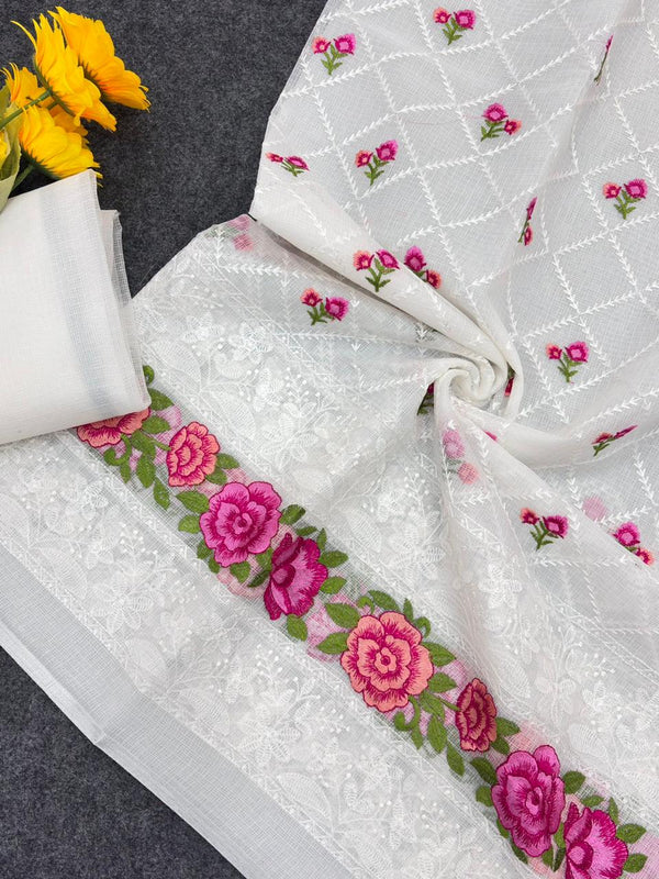 White Premium Pure Kota Doriya Saree with Multi-Thread Embroidery