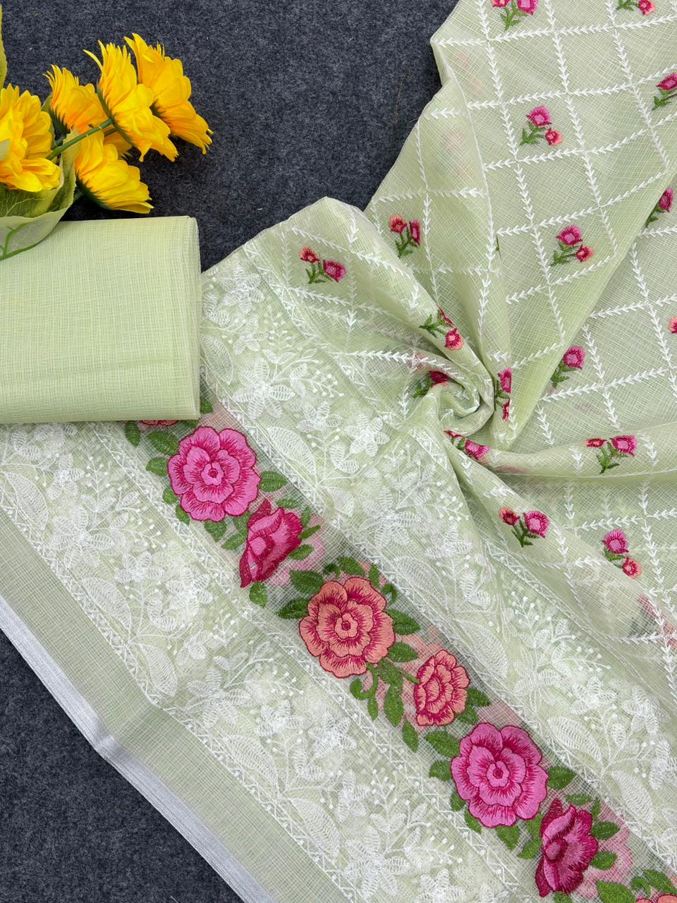 Green Premium Pure Kota Doriya Saree with Multi-Thread Embroidery