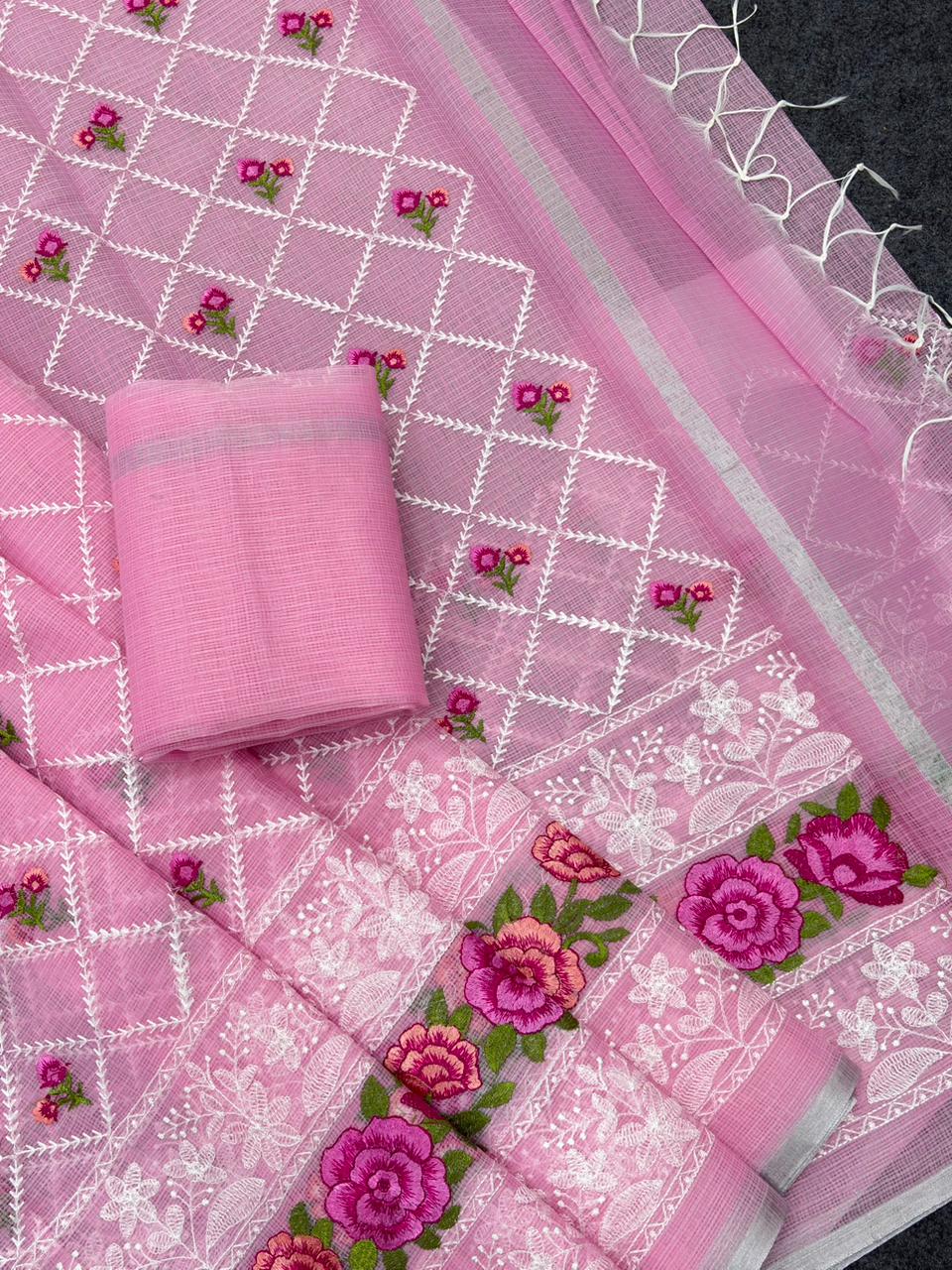 Pink Premium Pure Kota Doriya Saree with Multi-Thread Embroidery