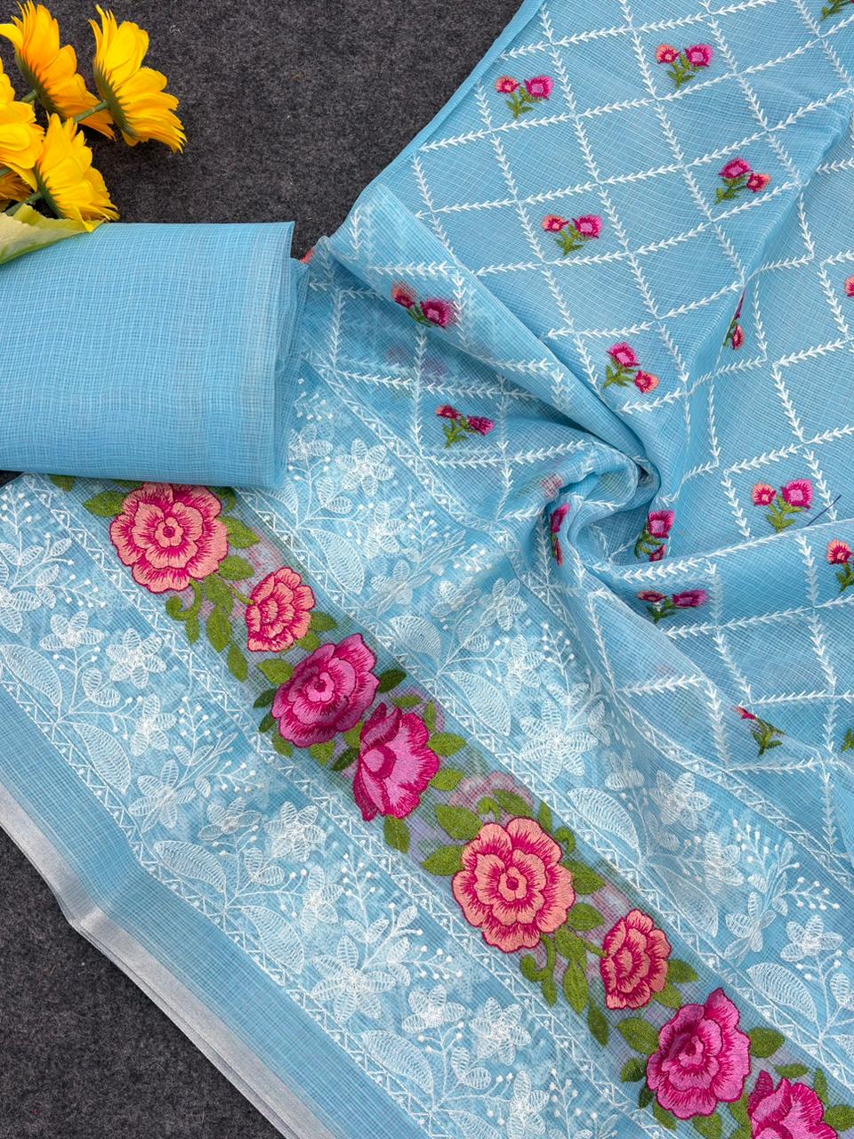 Blue Premium Pure Kota Doriya Saree with Multi-Thread Embroidery