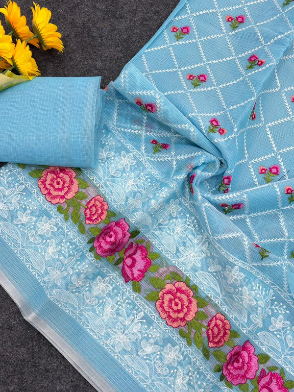 Blue Premium Pure Kota Doriya Saree with Multi-Thread Embroidery