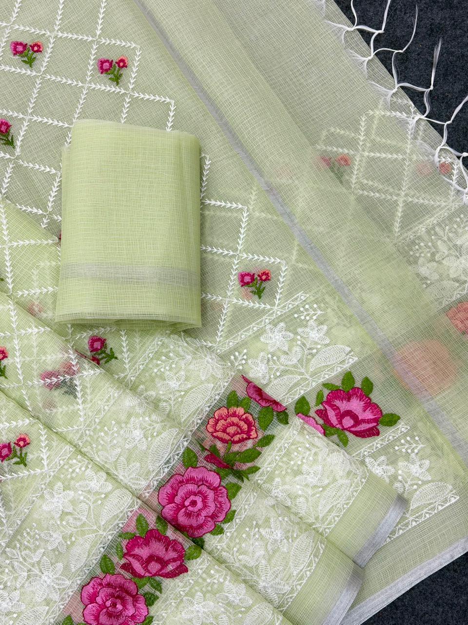 Green Premium Pure Kota Doriya Saree with Multi-Thread Embroidery