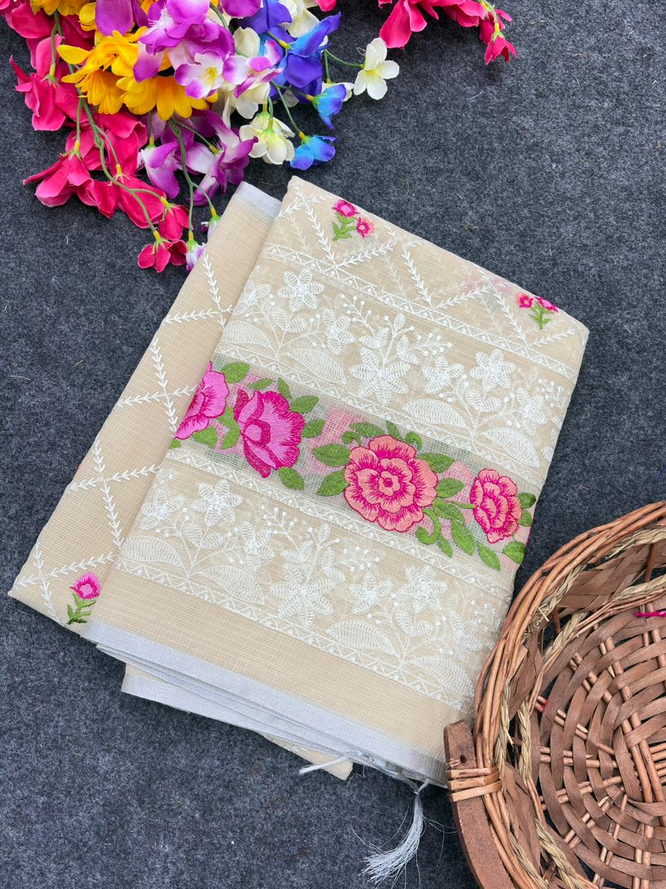 Cream Premium Pure Kota Doriya Saree with Multi-Thread Embroidery