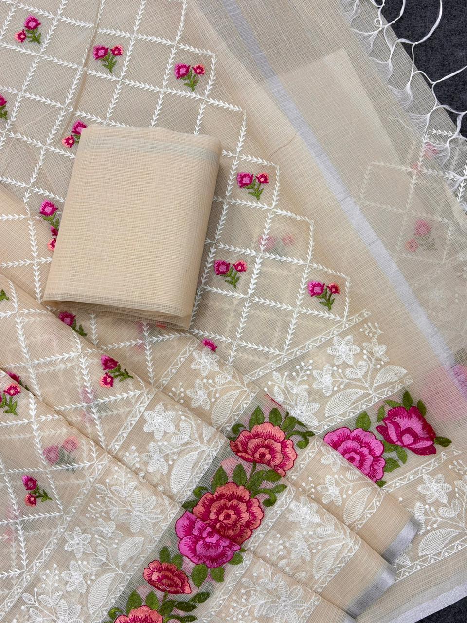 Cream Premium Pure Kota Doriya Saree with Multi-Thread Embroidery