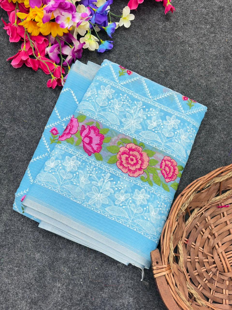 Blue Premium Pure Kota Doriya Saree with Multi-Thread Embroidery