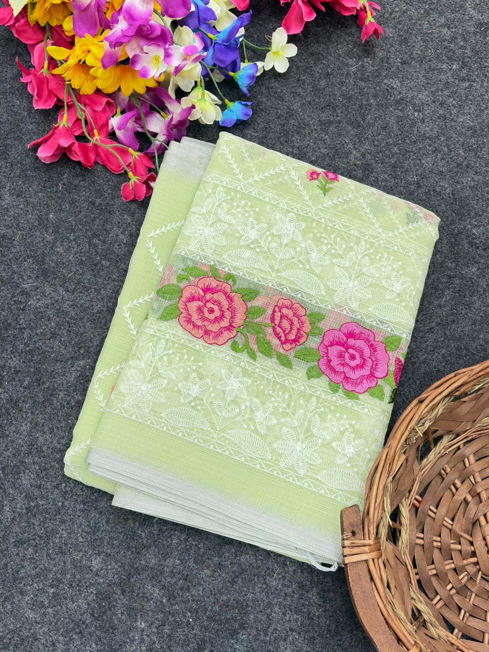 Green Premium Pure Kota Doriya Saree with Multi-Thread Embroidery