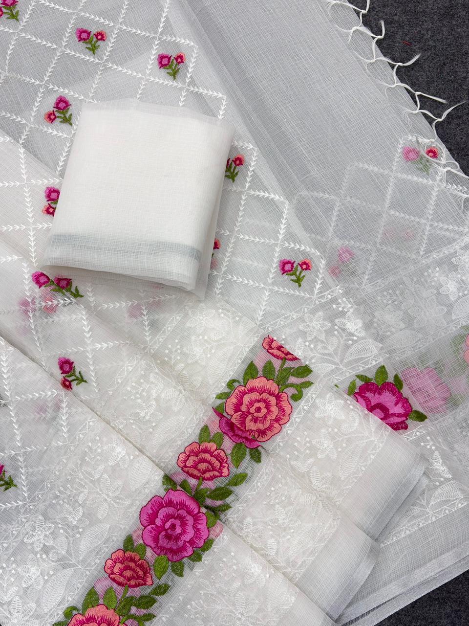 White Premium Pure Kota Doriya Saree with Multi-Thread Embroidery