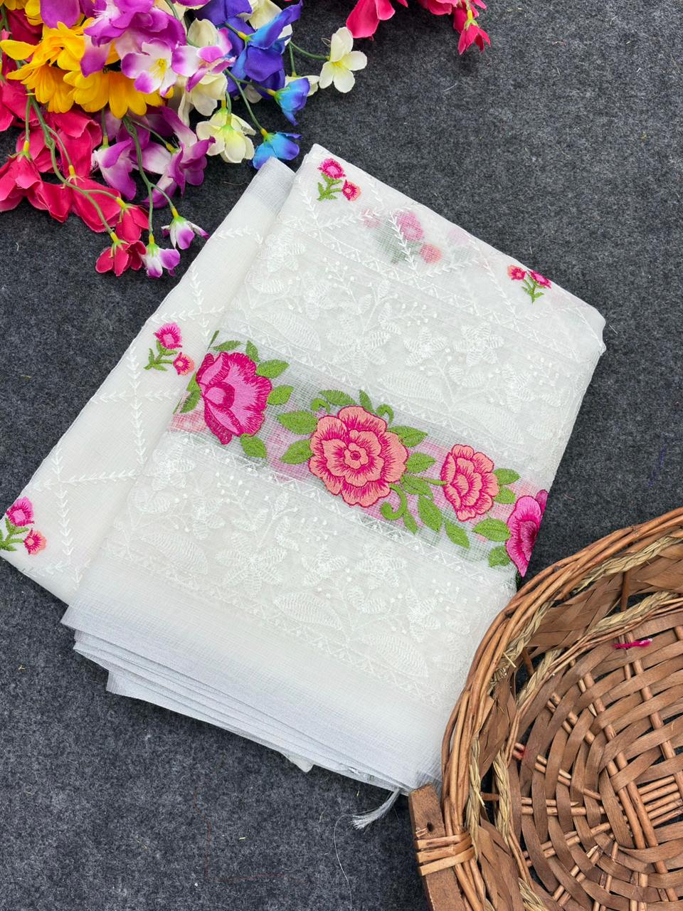 White Premium Pure Kota Doriya Saree with Multi-Thread Embroidery