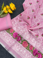 Pink Premium Pure Kota Doriya Saree with Multi-Thread Embroidery