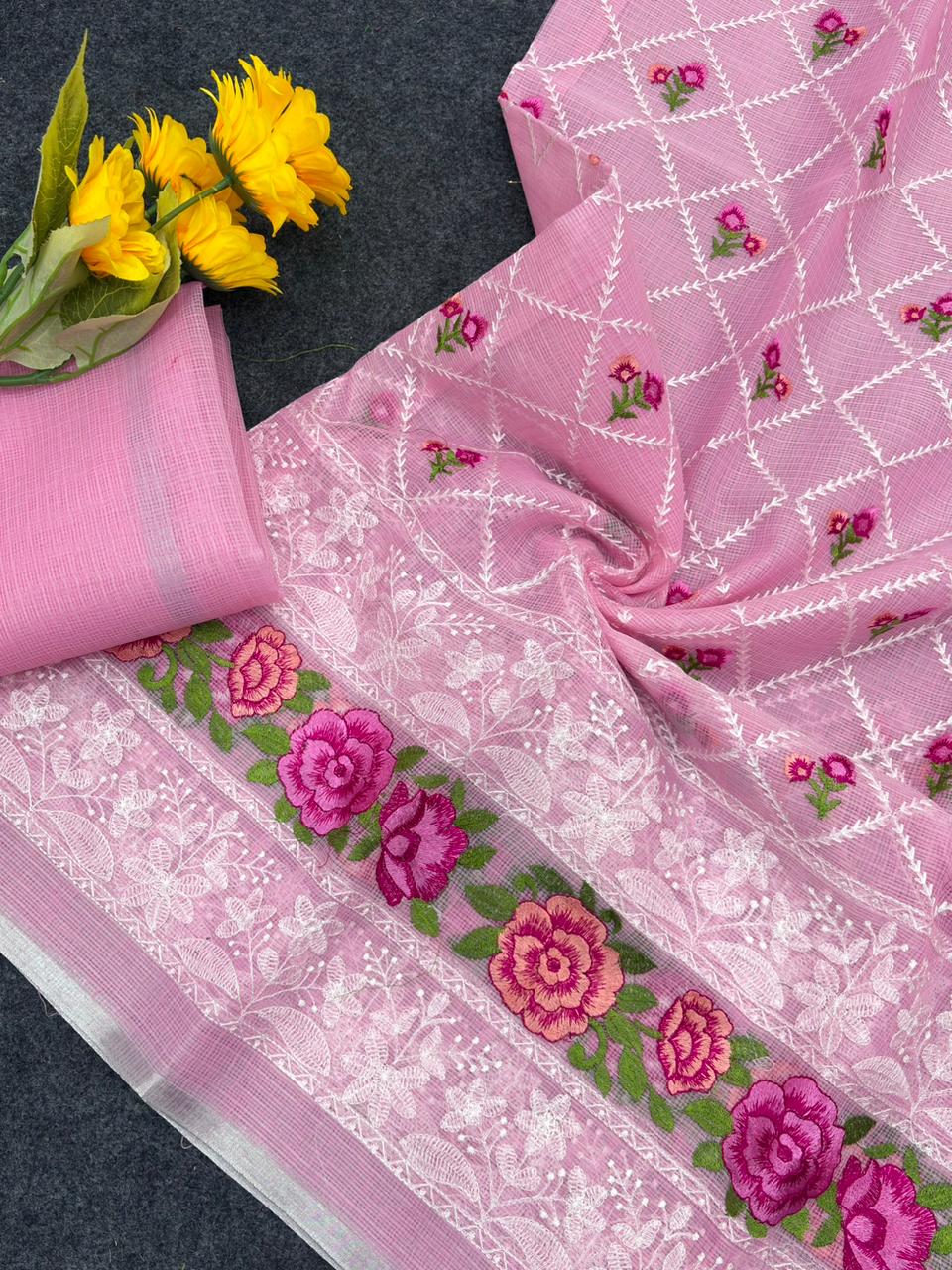 Pink Premium Pure Kota Doriya Saree with Multi-Thread Embroidery