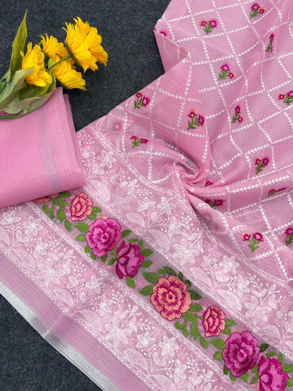 Pink Premium Pure Kota Doriya Saree with Multi-Thread Embroidery