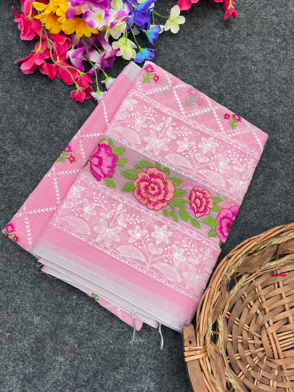 Pink Premium Pure Kota Doriya Saree with Multi-Thread Embroidery