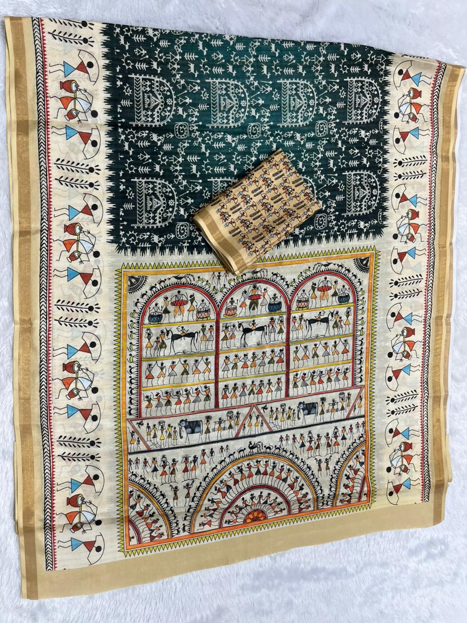 Soft Cotton Silk Saree with Warli Digital Print & Zari Weave Border