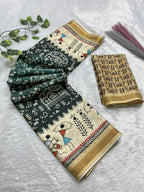 Soft Cotton Silk Saree with Warli Digital Print & Zari Weave Border