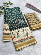 Soft Cotton Silk Saree with Warli Digital Print & Zari Weave Border