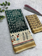 Soft Cotton Silk Saree with Warli Digital Print & Zari Weave Border