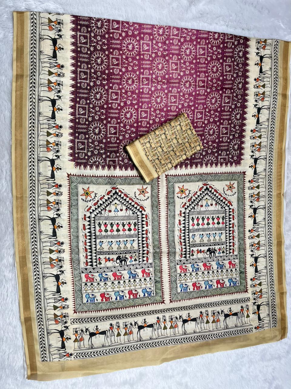 Soft Cotton Silk Saree with Warli Digital Print & Zari Weave Border