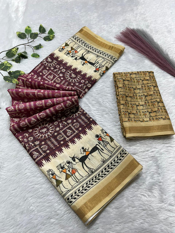 Soft Cotton Silk Saree with Warli Digital Print & Zari Weave Border