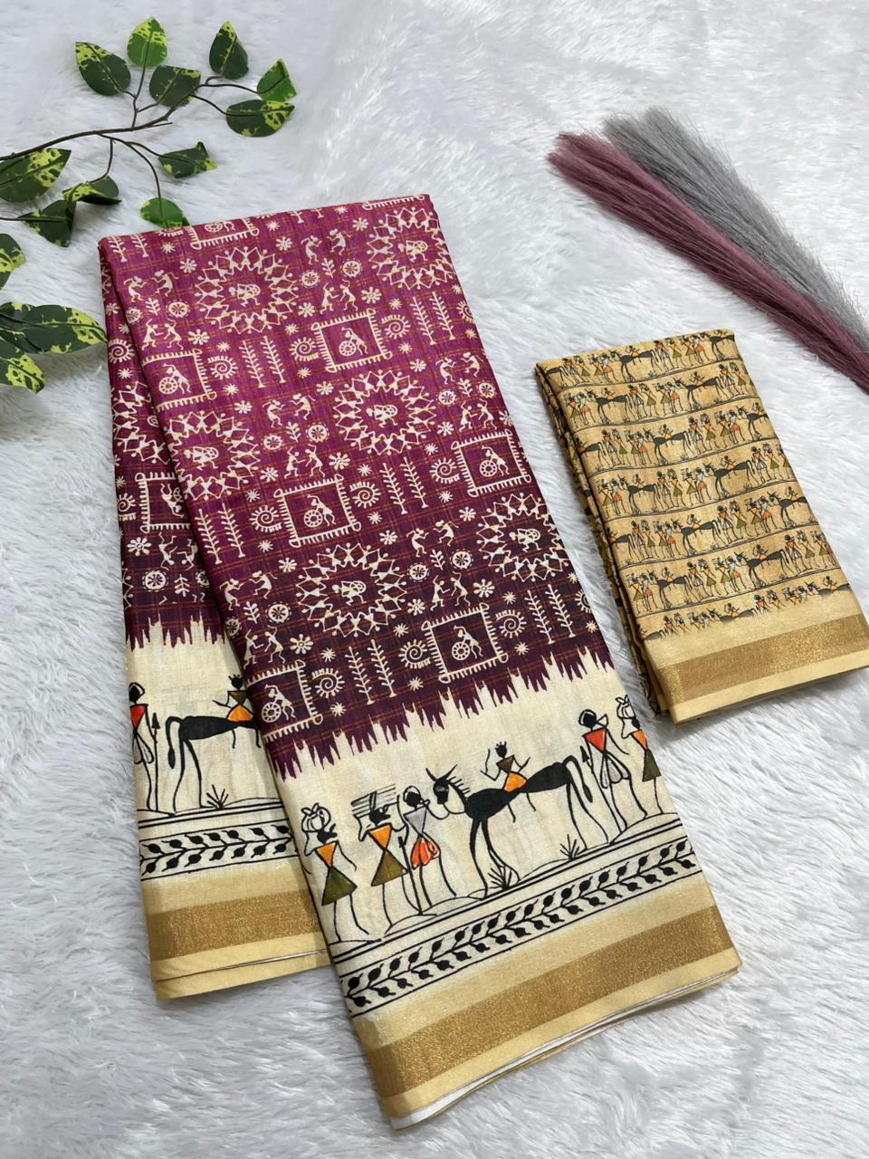 Soft Cotton Silk Saree with Warli Digital Print & Zari Weave Border