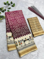 Soft Cotton Silk Saree with Warli Digital Print & Zari Weave Border