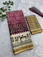 Soft Cotton Silk Saree with Warli Digital Print & Zari Weave Border