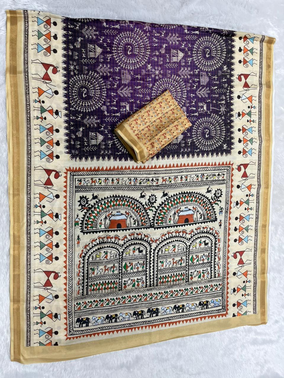 Soft Cotton Silk Saree with Warli Digital Print & Zari Weave Border