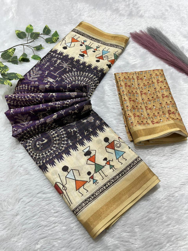 Soft Cotton Silk Saree with Warli Digital Print & Zari Weave Border