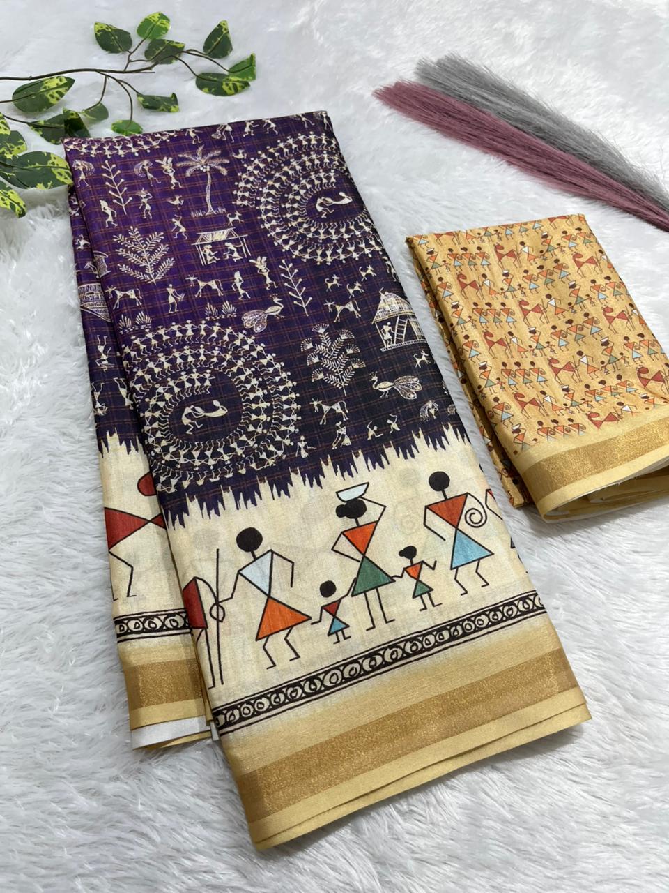 Soft Cotton Silk Saree with Warli Digital Print & Zari Weave Border