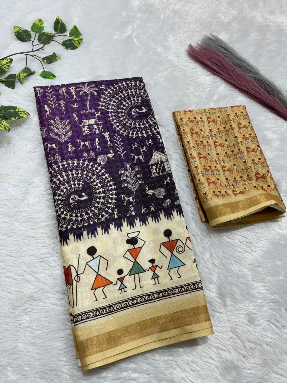 Soft Cotton Silk Saree with Warli Digital Print & Zari Weave Border