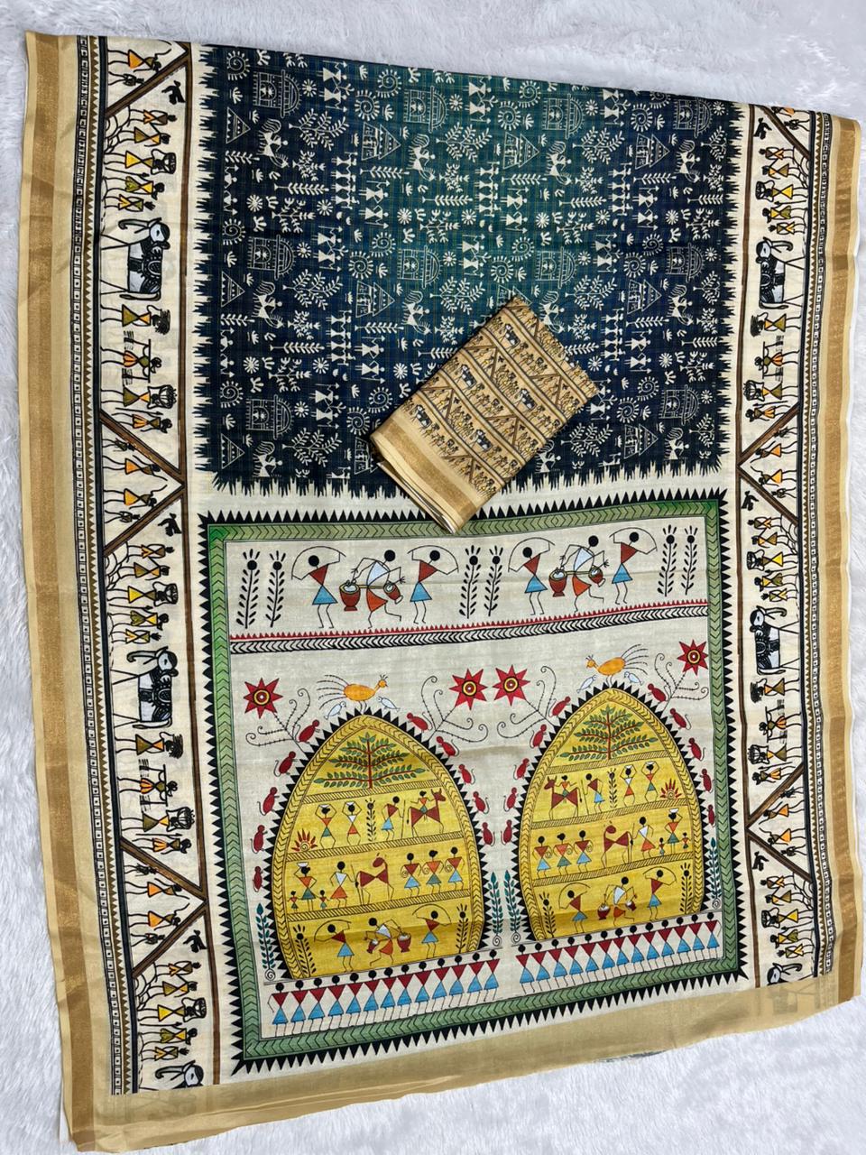 Soft Cotton Silk Saree with Warli Digital Print & Zari Weave Border