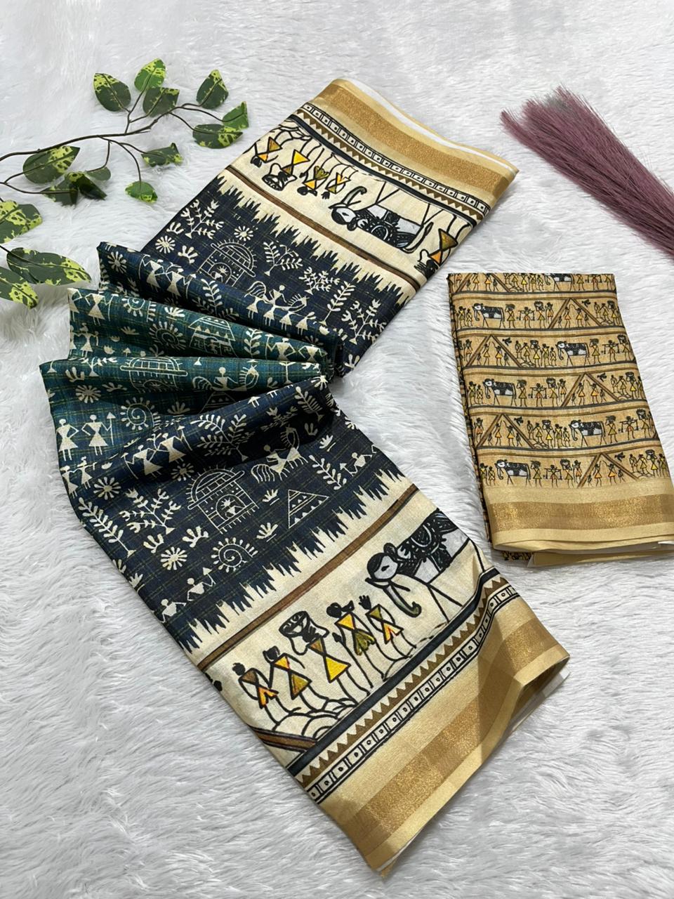 Soft Cotton Silk Saree with Warli Digital Print & Zari Weave Border