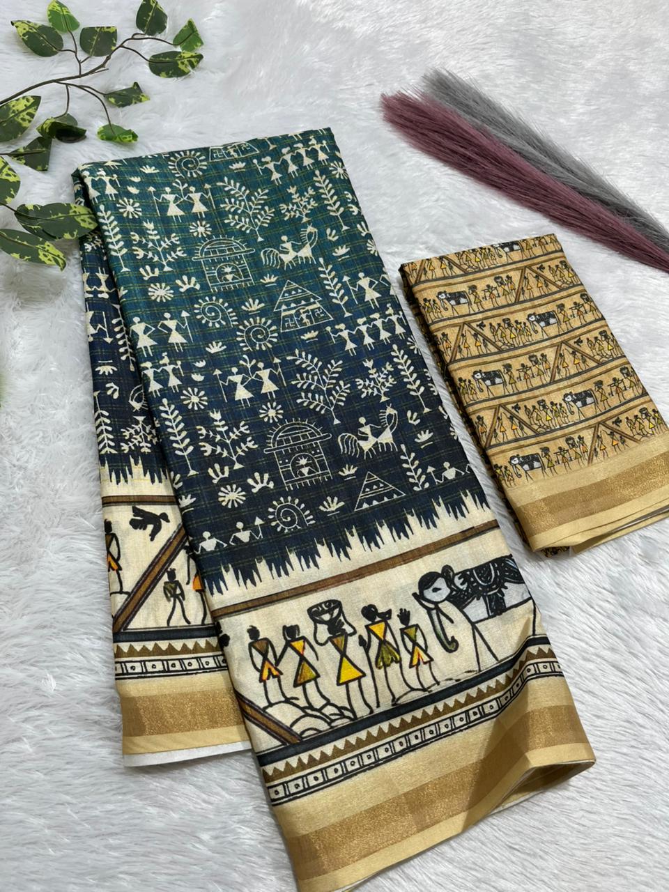Soft Cotton Silk Saree with Warli Digital Print & Zari Weave Border