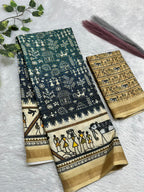 Soft Cotton Silk Saree with Warli Digital Print & Zari Weave Border