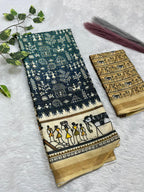 Soft Cotton Silk Saree with Warli Digital Print & Zari Weave Border