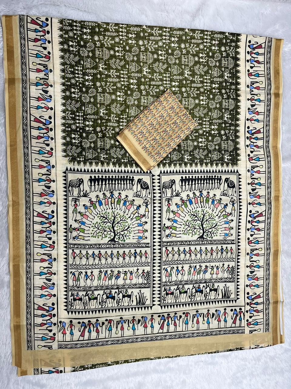 Soft Cotton Silk Saree with Warli Digital Print & Zari Weave Border