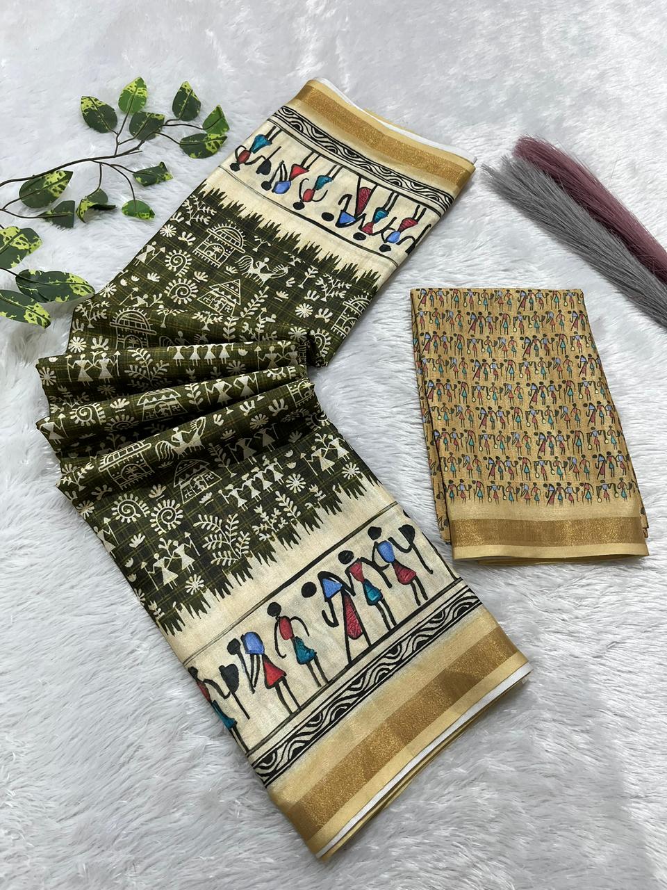 Soft Cotton Silk Saree with Warli Digital Print & Zari Weave Border