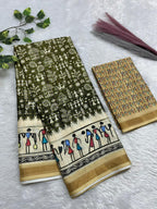 Soft Cotton Silk Saree with Warli Digital Print & Zari Weave Border