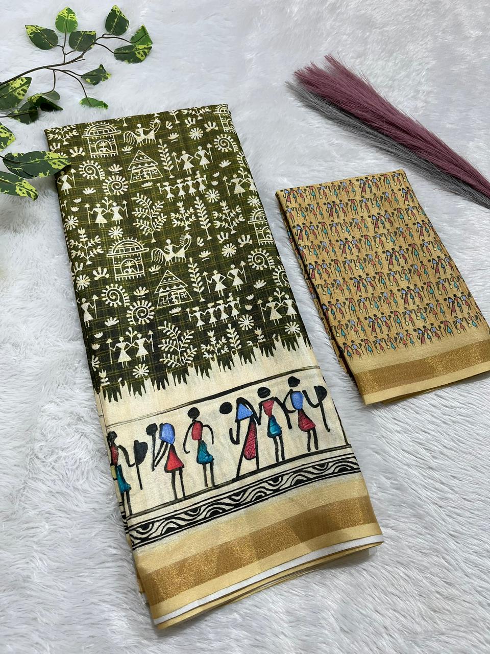 Soft Cotton Silk Saree with Warli Digital Print & Zari Weave Border