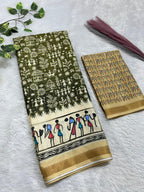 Soft Cotton Silk Saree with Warli Digital Print & Zari Weave Border