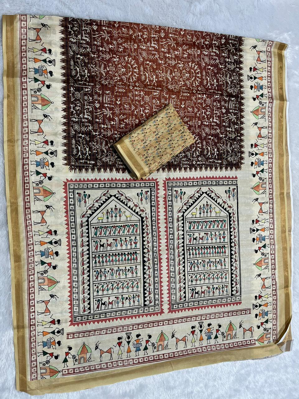Soft Cotton Silk Saree with Warli Digital Print & Zari Weave Border