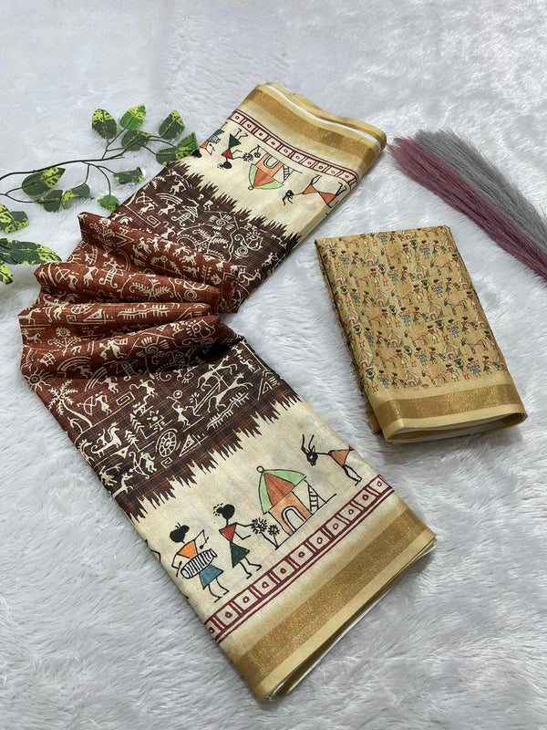 Soft Cotton Silk Saree with Warli Digital Print & Zari Weave Border