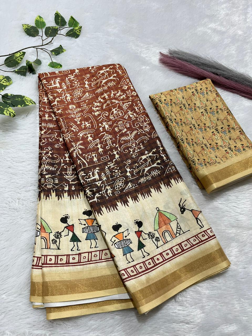 Soft Cotton Silk Saree with Warli Digital Print & Zari Weave Border