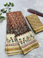 Soft Cotton Silk Saree with Warli Digital Print & Zari Weave Border
