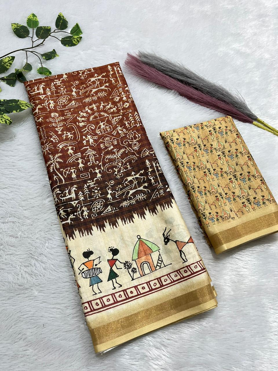Soft Cotton Silk Saree with Warli Digital Print & Zari Weave Border