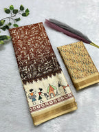 Soft Cotton Silk Saree with Warli Digital Print & Zari Weave Border