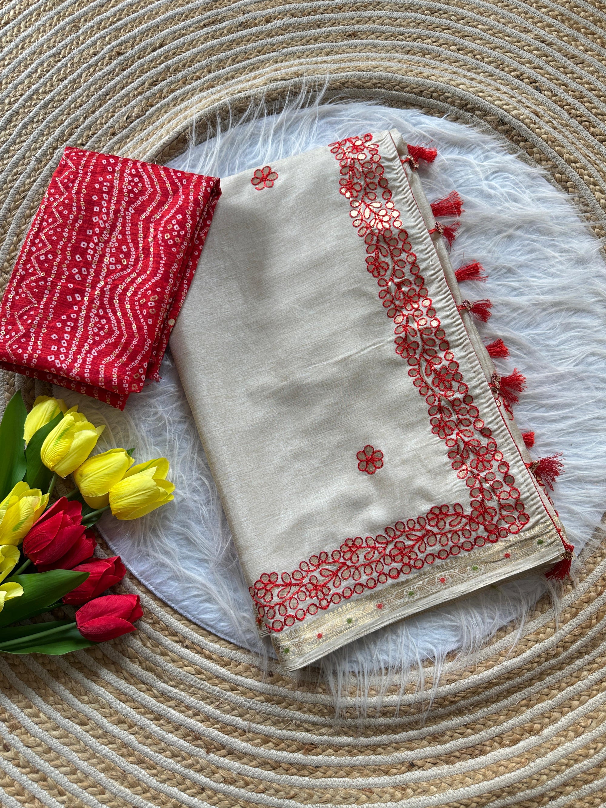 Soft Tussar Silk Saree with Zari Weave Border & Rajasthani Gota Patti Work