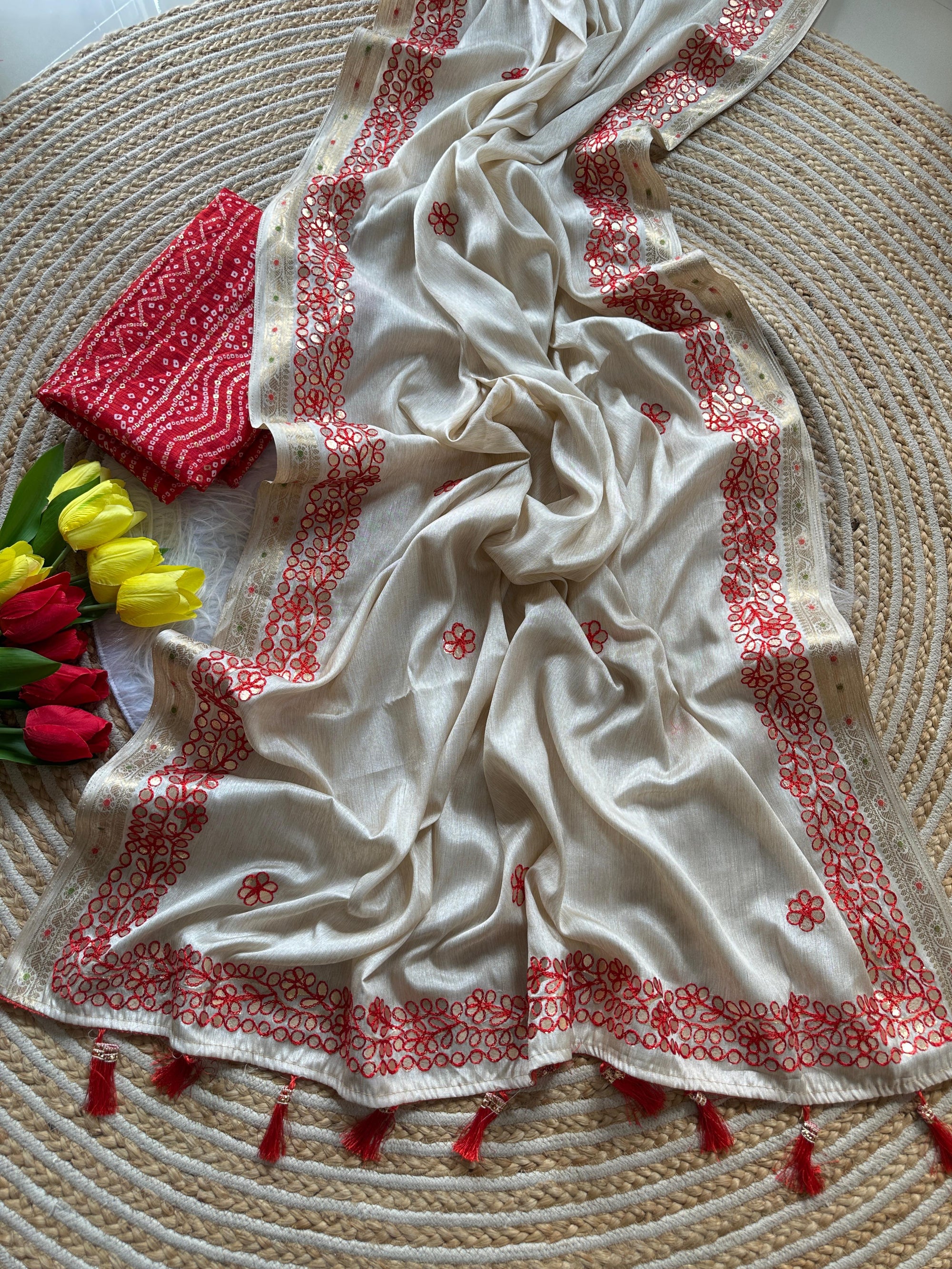 Soft Tussar Silk Saree with Zari Weave Border & Rajasthani Gota Patti Work